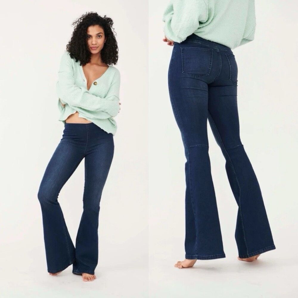 Free People Womens Size 26 Penny Pull On Flare Leg Jeans Blue Stretch